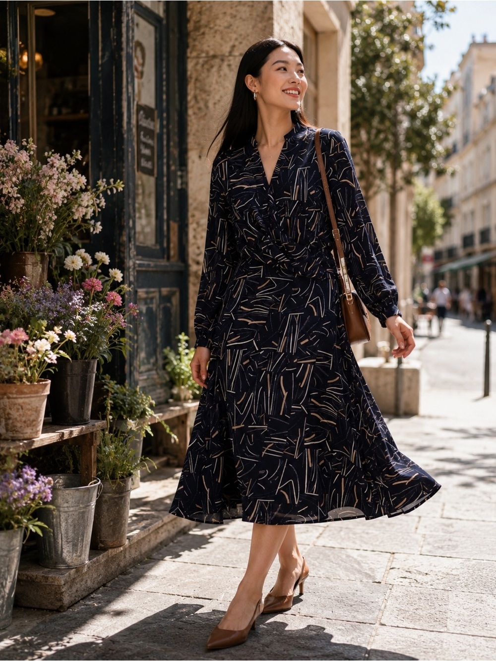 St. John Navy and Cream Abstract-Print Wrap-Style Long-Sleeve Dress